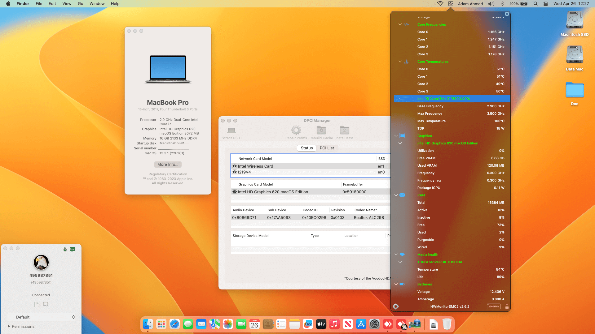 Success Hackintosh macOS Ventura 13.3.1 Build 22E261 in Lenovo Thinkpad 13 Gen 2